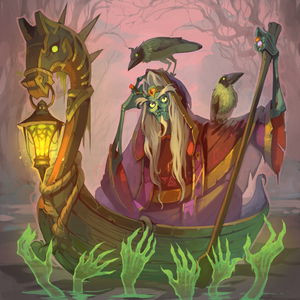 Charon lounges in his boat above souls reaching from the river Styx.