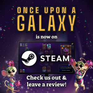 three blind mice celebrating the release of Once Upon a Galaxy on Steam! Please come leave us a review!
