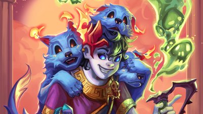 Hade's favorite son Zagreus mixing a noxious potion with a puppy cerberus draped over his shoulders