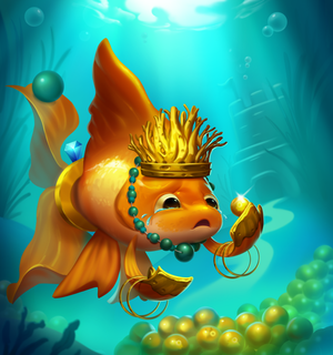A gold fish version of King Midas holding his eggs as they turn to gold in his fins.