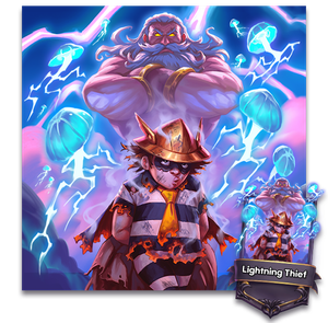 A black and white striped burglar in an orange tie singed by all the electrical shocks of floating jelly fishes summoned by an angry zeus standing over his shoulders