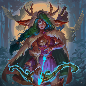 A mysterious hunter with eyepatch and long green hair wielding a bow.