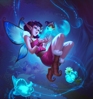 A blue winged faeire surrounded by her magical mushroom friends