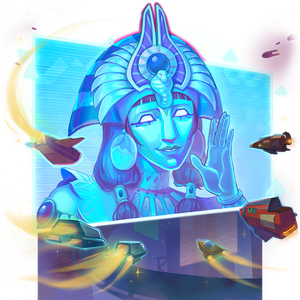 A giant silver pharaoh on a big digital television screen with ships flying all around