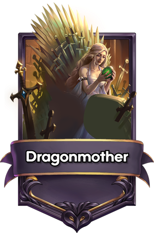 Dragonmother with long blonde hair, sitting on a throne of melted swords