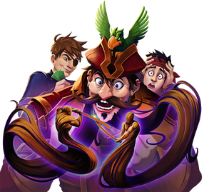 A pirate with a long beard formed into little swordmen having a duel while onlookers bet and react.