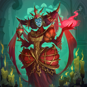 A meanacing zombie queen dressed in red regalia amidst a shipwreck at the bottom of the sea