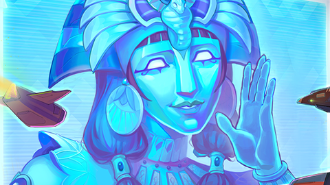 A giant silver pharaoh on a big digital television screen with ships flying all around