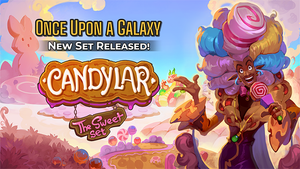 Cotton Candy Dandy showcasing the announcement text that Candylar is released, with a bustling candy cityscape in the background.