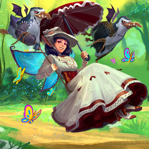 Merryweather dressed as Mary Poppins flying with her parosel and joined by undead zombie penguins