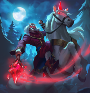 A mage riding a white unicorn, his staff and the unicorn's horn glowing red.