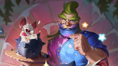 A spiked hair baker presenting two cakes, one that looks like a spiked cannonball, the other is a spiked cannonball