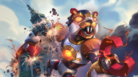 A mecehanical toy squirrel wrecking a city like a giant Kaiju