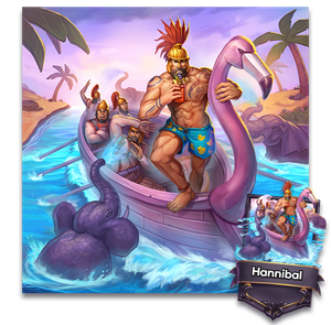 A burly hannibal in swim trunks on a boat with a flamingo figurehead
