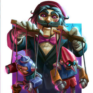 Geppetto looking like the evil puppet from the Saw movies with red swirls on his cheeks, he pulls strings of marionettes.