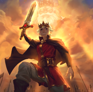 a young and hopeful King Arthur lifting Excalibur into the air as Uther looks down from the clouds