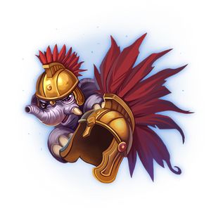 A cute elephant next to a Carthaginian style helmet.