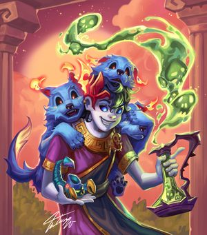 Hade's favorite son Zagreus mixing a noxious potion with a puppy cerberus draped over his shoulders.