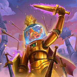 The goldfish king midas in a fishbowl helmet ona golden robot body wielding a sword and shield into battle