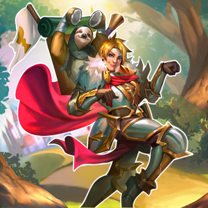 Sir Galahad dressed as King Arthur, pretending to ride a horse. On his back is a sloth with a coconut making horse trotting noises