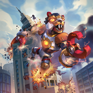 A mecehanical toy squirrel wrecking a city like a giant Kaiju