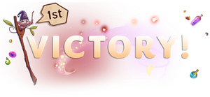 The word Victory! with magic items and effects, with a small wizard mouse exclaiming '1st'.