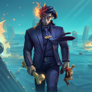 Hades with an angry look of vengeance on his face wearing a full black suit and tie. Three dog collars in one hand and a dog bone in the other.