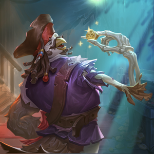 A bird humanoid holding up a cursed gold coin in the moonlight. The light shows that he is just a skeleton.